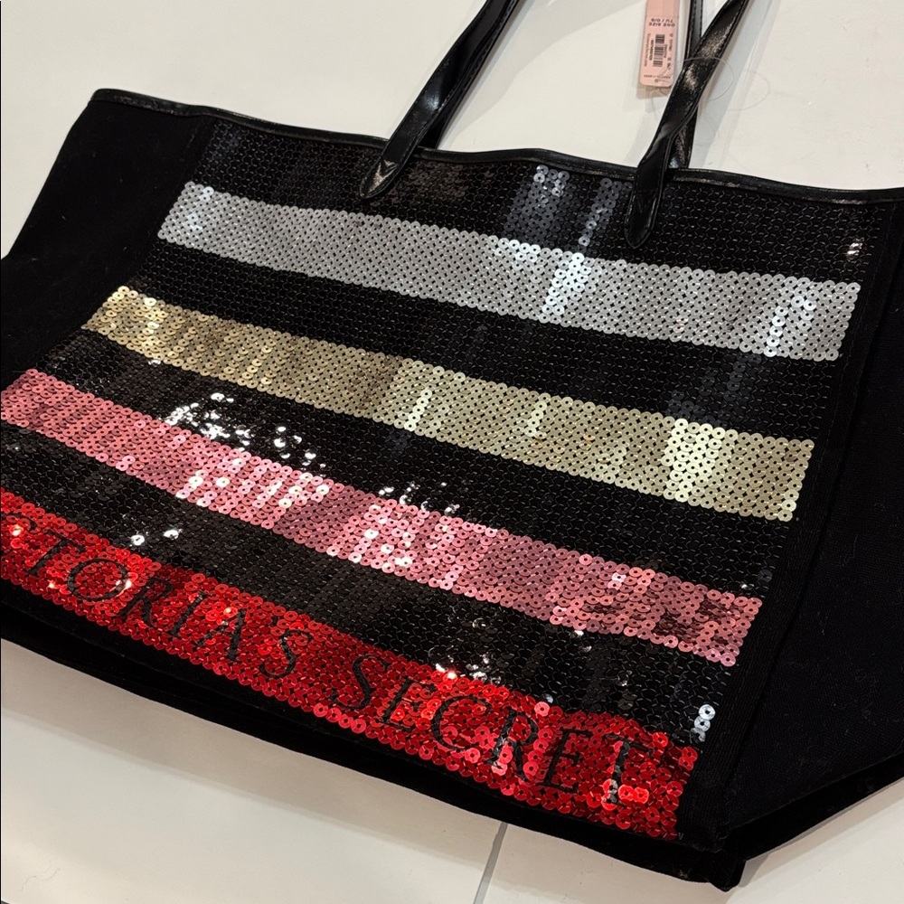 Victoria’s Secret Sequin Stripe Tote Black Large Shopper Weekender Bag NWT - Picture 8 of 14